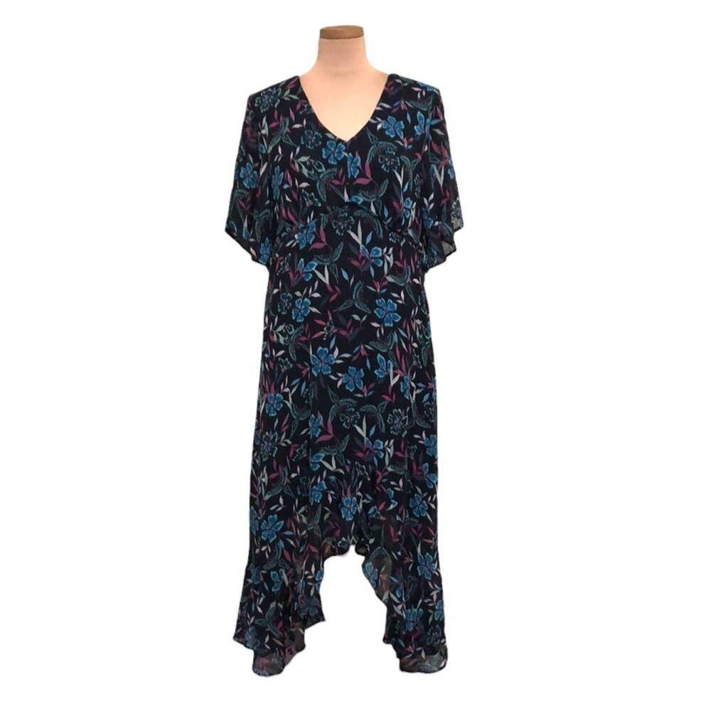 ModCloth Joe Browns Asymmetrical Hem Midi Dress Size US 12 Black Floral Birds